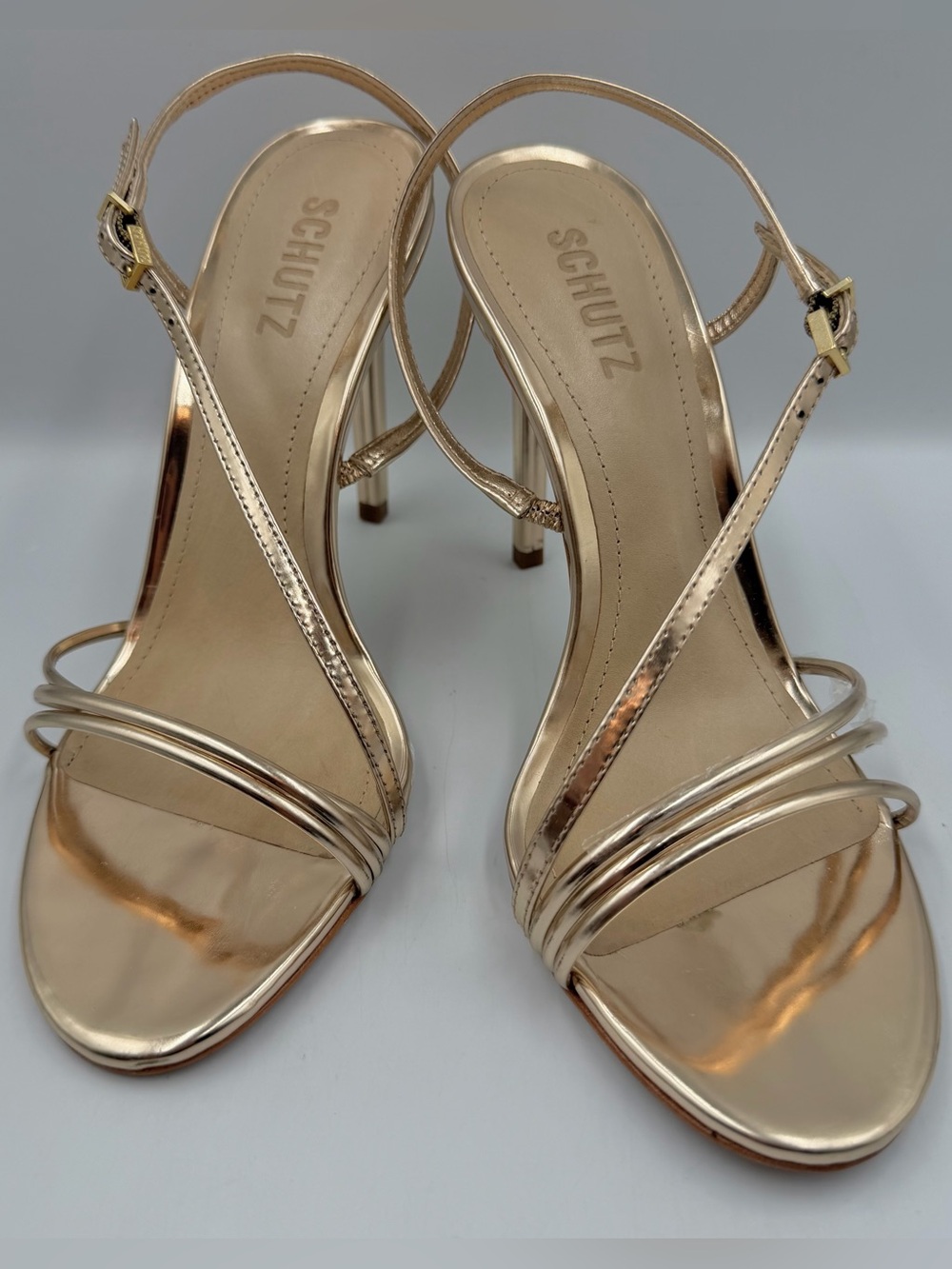 Schutz Strappy Gold Heel Inez Platina Womens 8B Shine Metallic Buckle